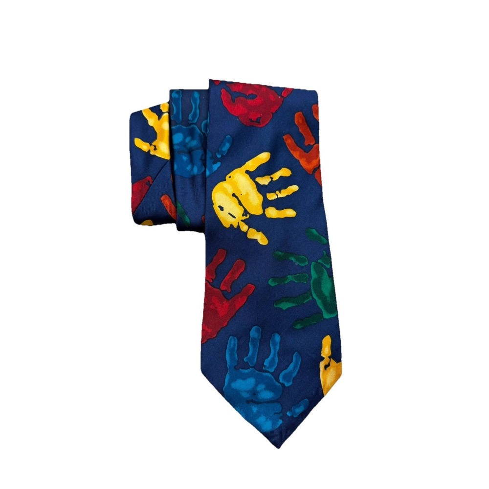Vintage Save The Children Tie Silk Child Art Handprint Blue Teacher Educator